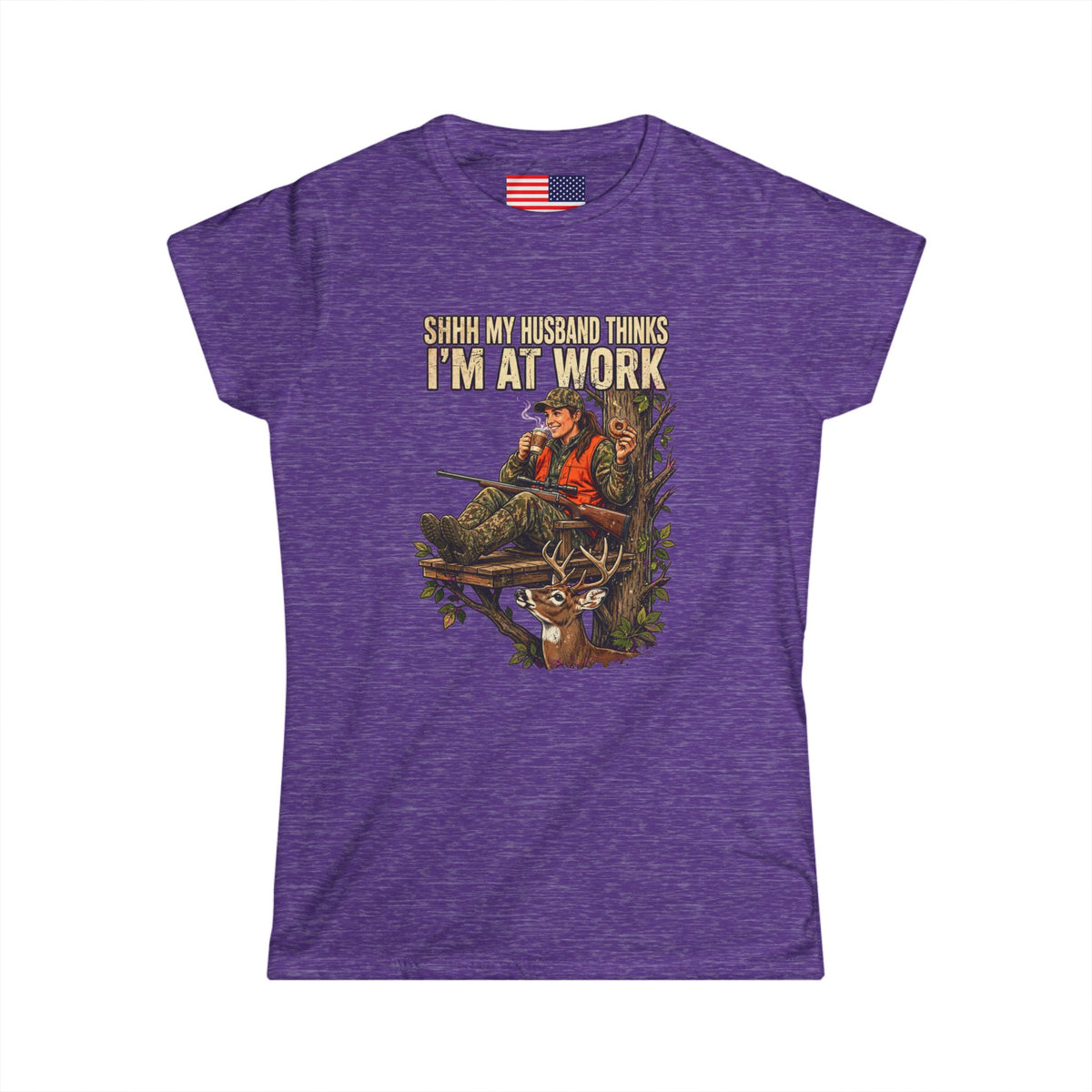 "Shhh My husband thinks I'm at work" Softstyle Crew Tee