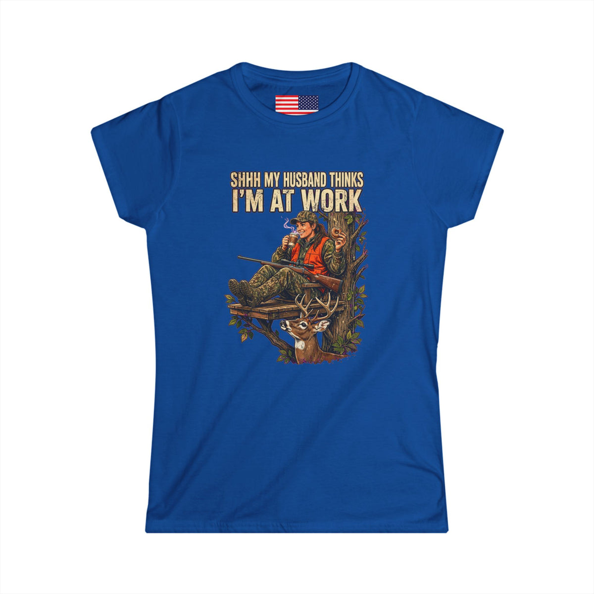 "Shhh My husband thinks I'm at work" Softstyle Crew Tee