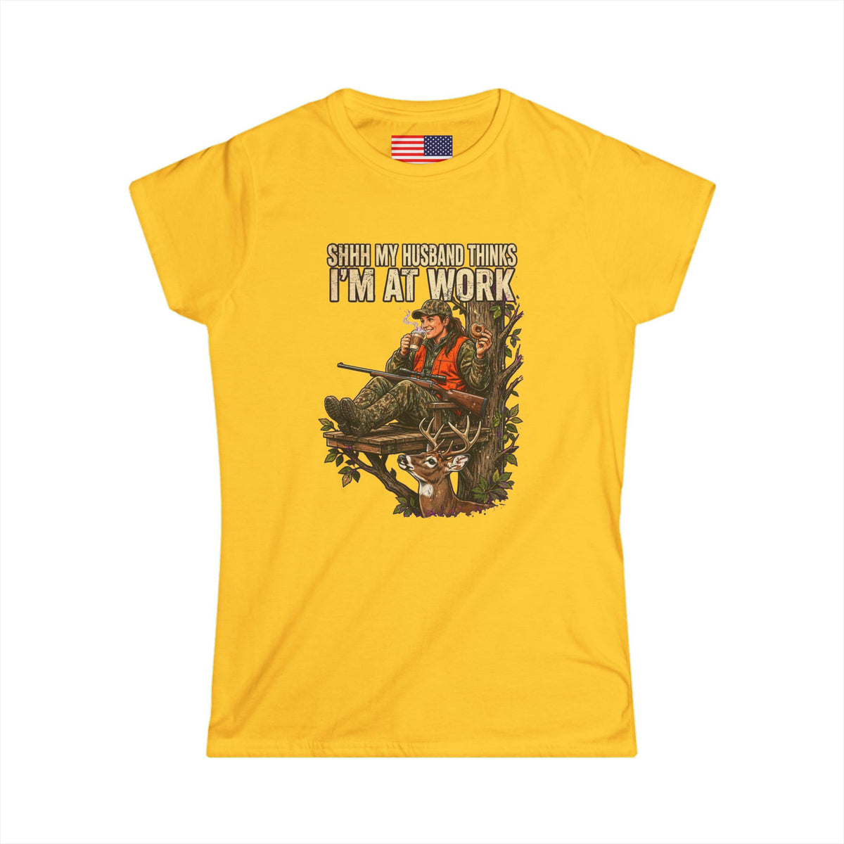 "Shhh My husband thinks I'm at work" Softstyle Crew Tee