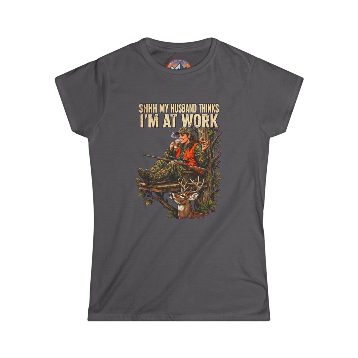 "Shhh My husband thinks I'm at work" Softstyle Crew Tee