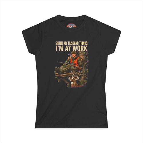 "Shhh My husband thinks I'm at work" Softstyle Crew Tee