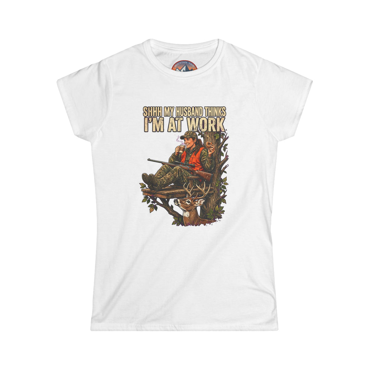 "Shhh My husband thinks I'm at work" Softstyle Crew Tee