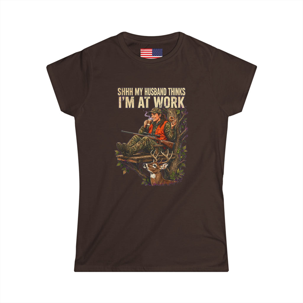 "Shhh My husband thinks I'm at work" Softstyle Crew Tee