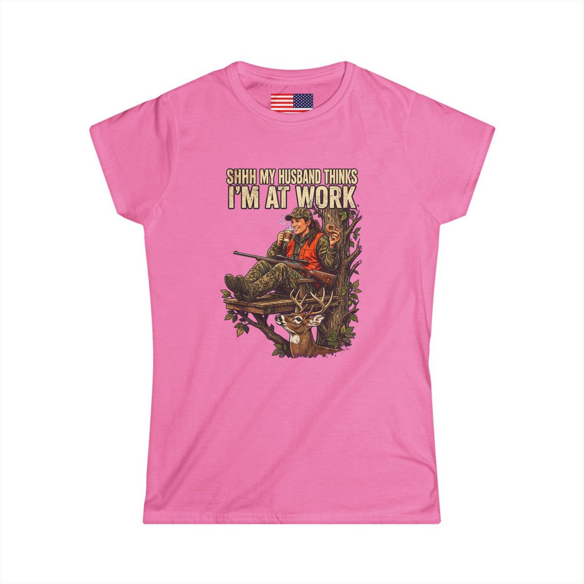 "Shhh My husband thinks I'm at work" Softstyle Crew Tee