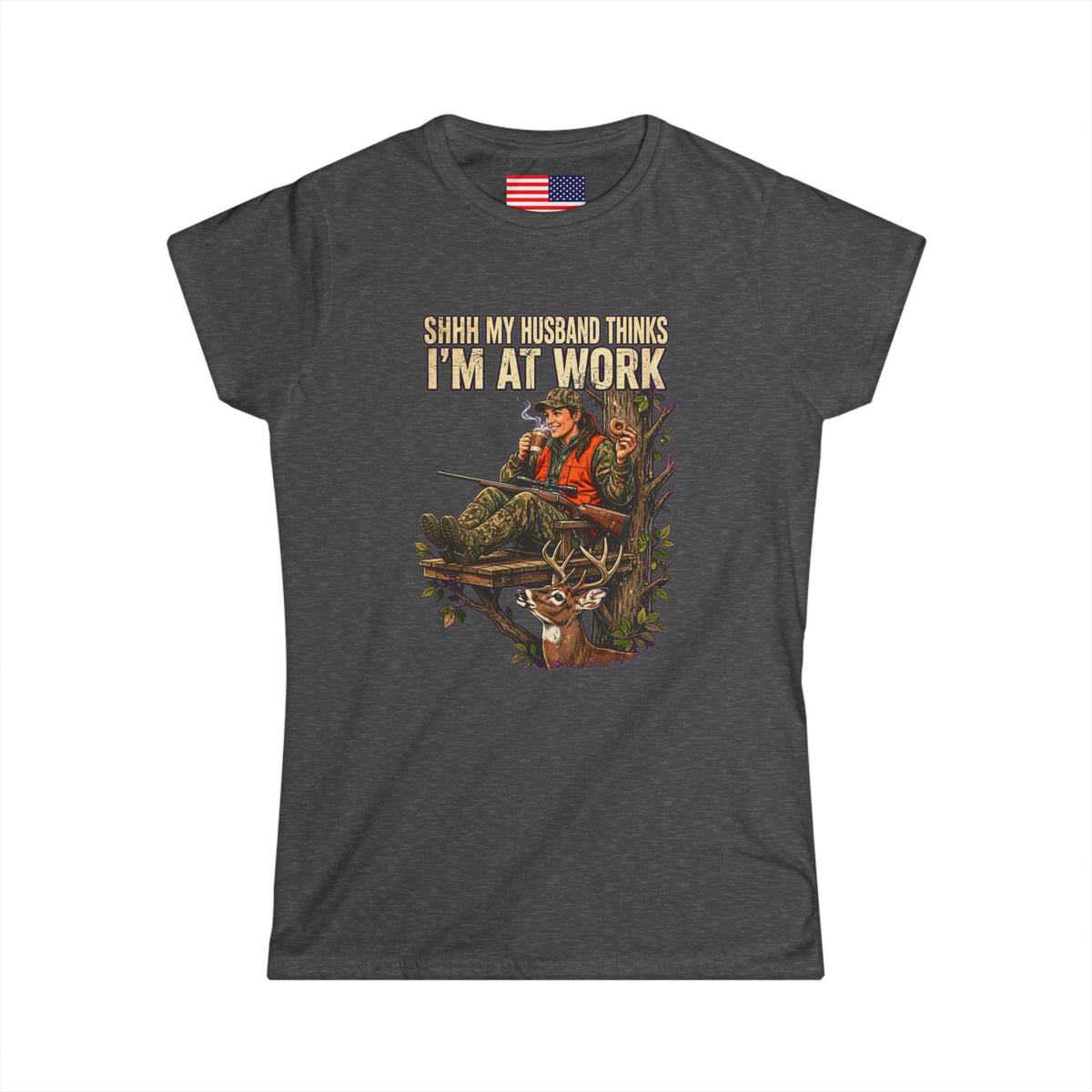 "Shhh My husband thinks I'm at work" Softstyle Crew Tee