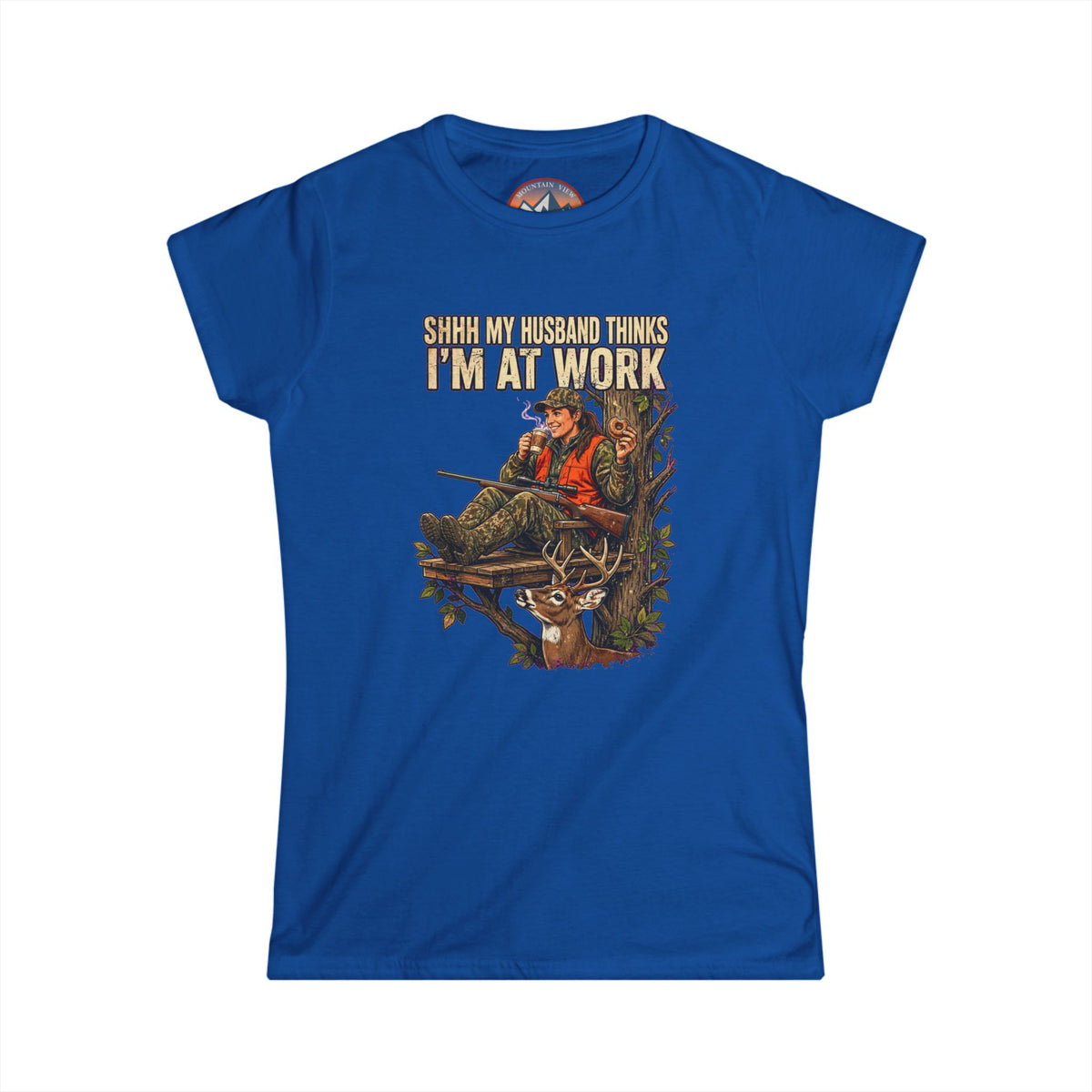 "Shhh My husband thinks I'm at work" Softstyle Crew Tee