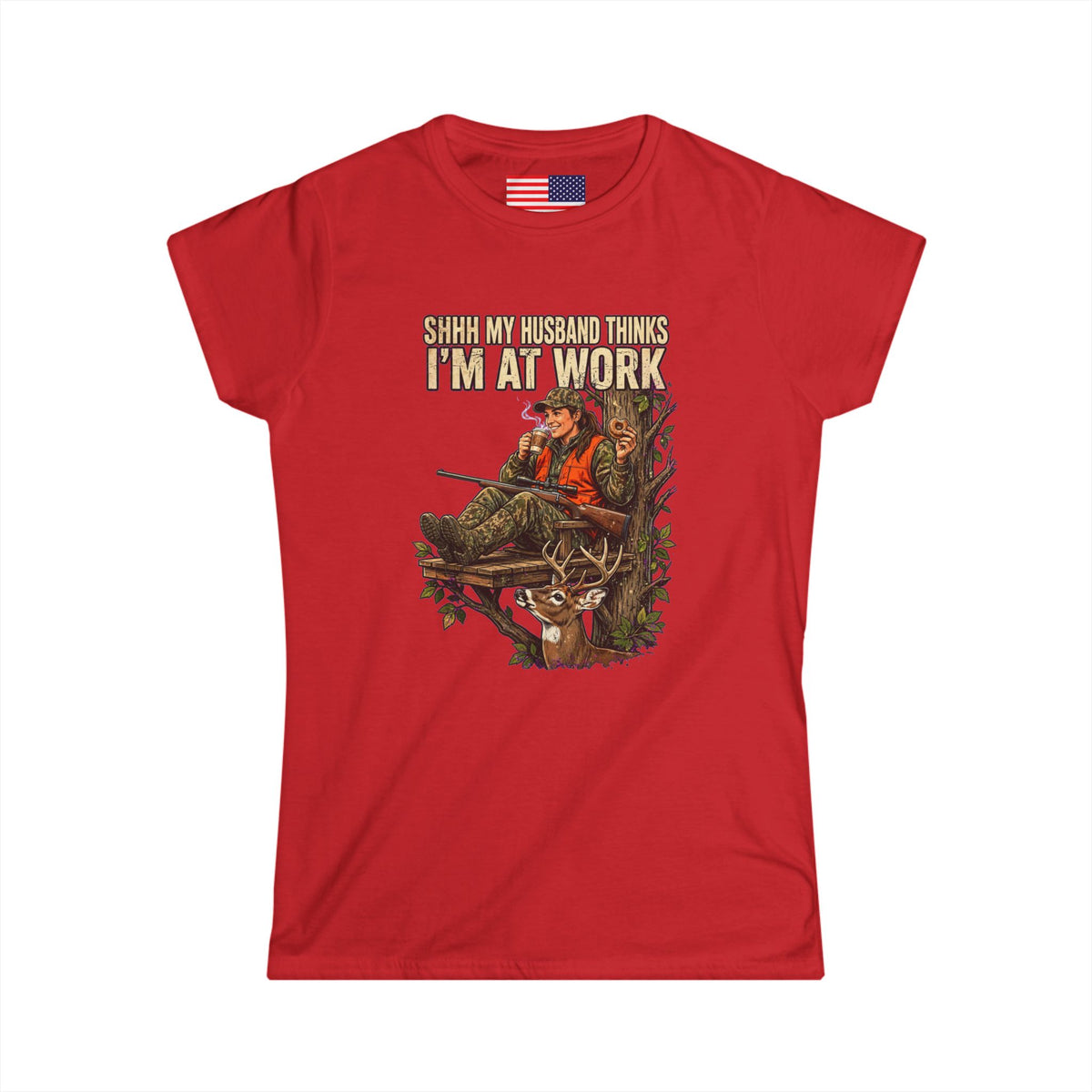 "Shhh My husband thinks I'm at work" Softstyle Crew Tee