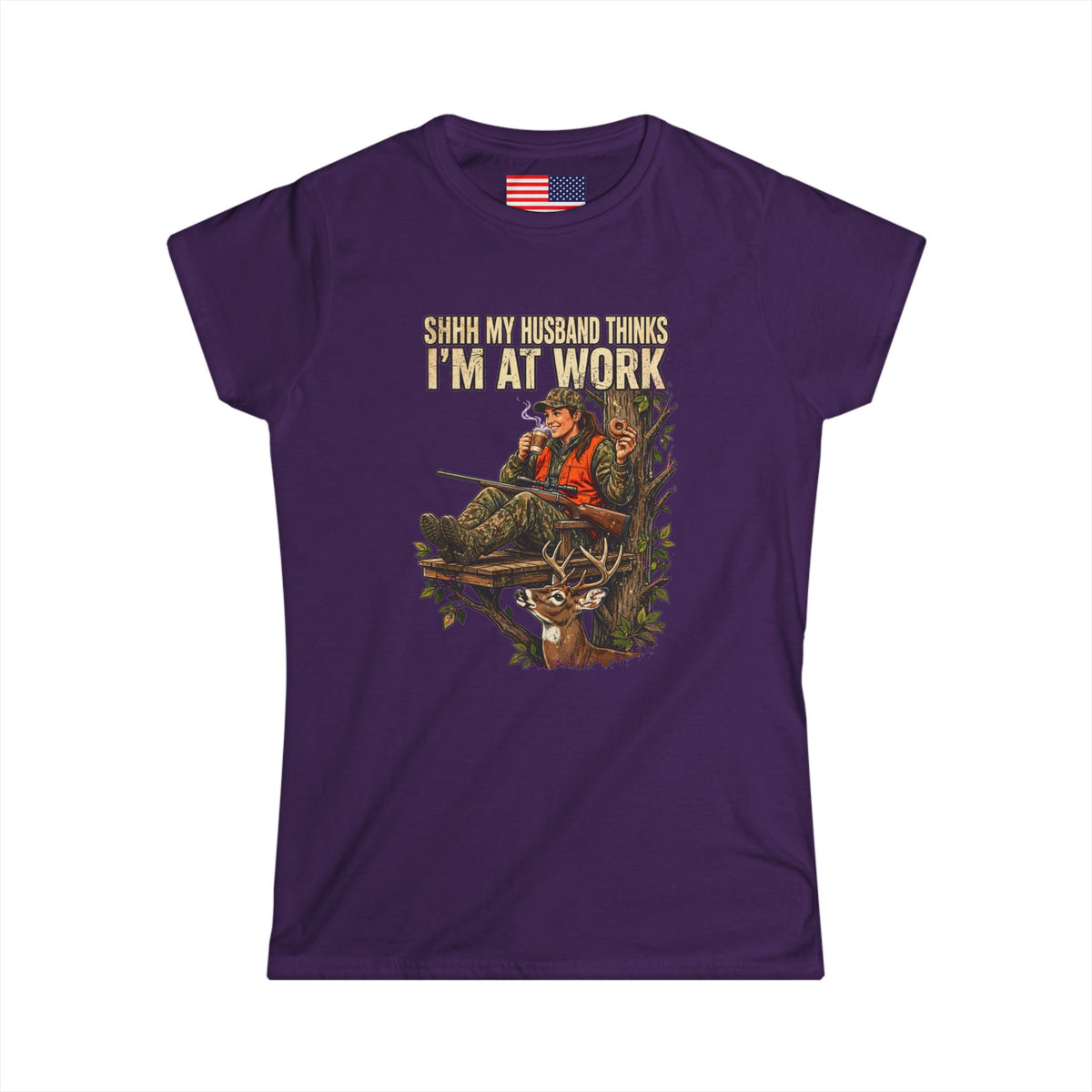 "Shhh My husband thinks I'm at work" Softstyle Crew Tee