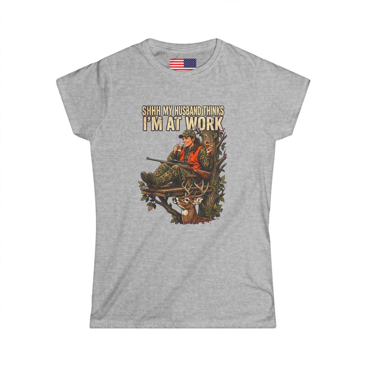 "Shhh My husband thinks I'm at work" Softstyle Crew Tee